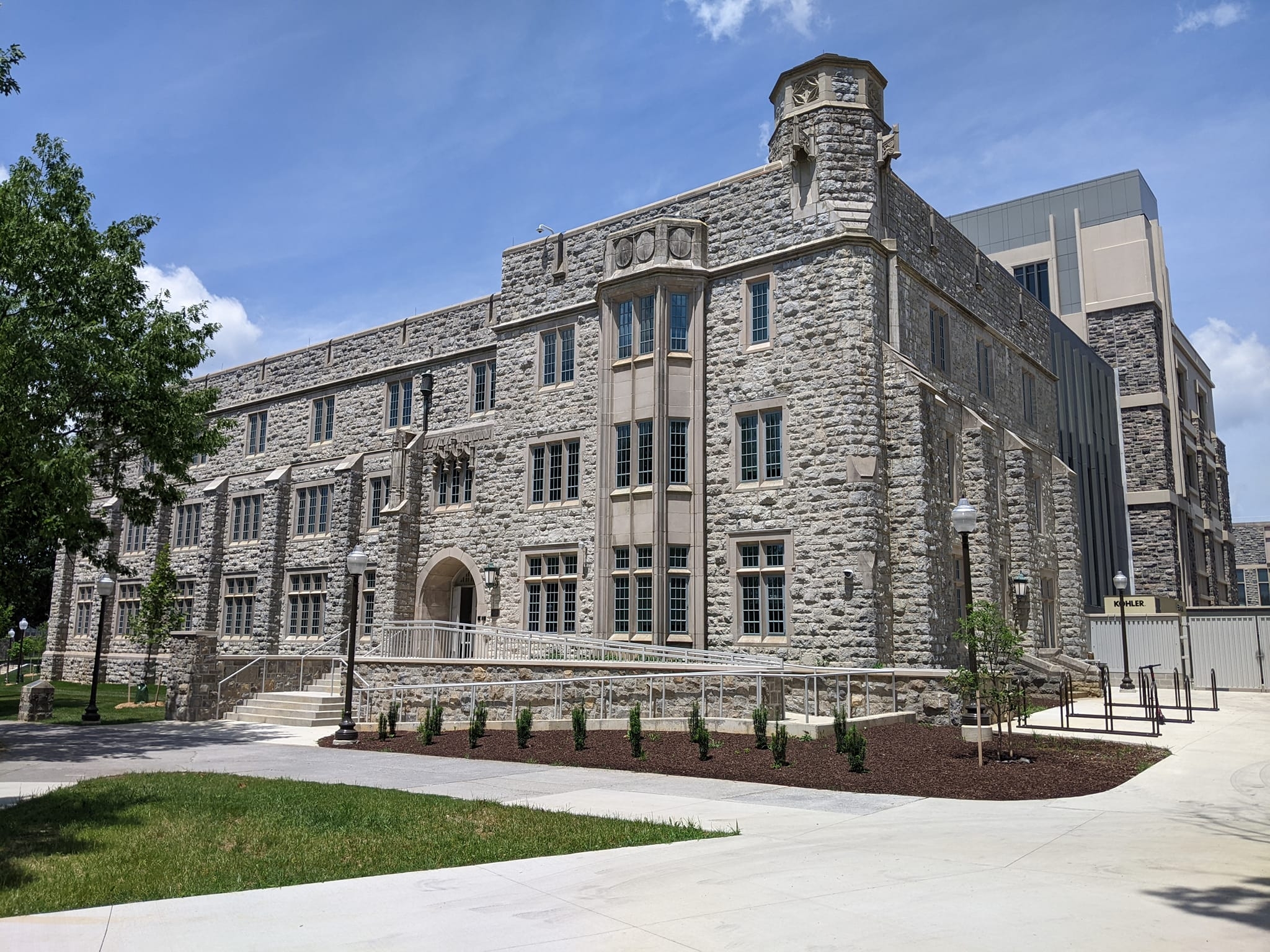 Hokie Stone Building Holden Hall from the sidewalk on the front right of the building